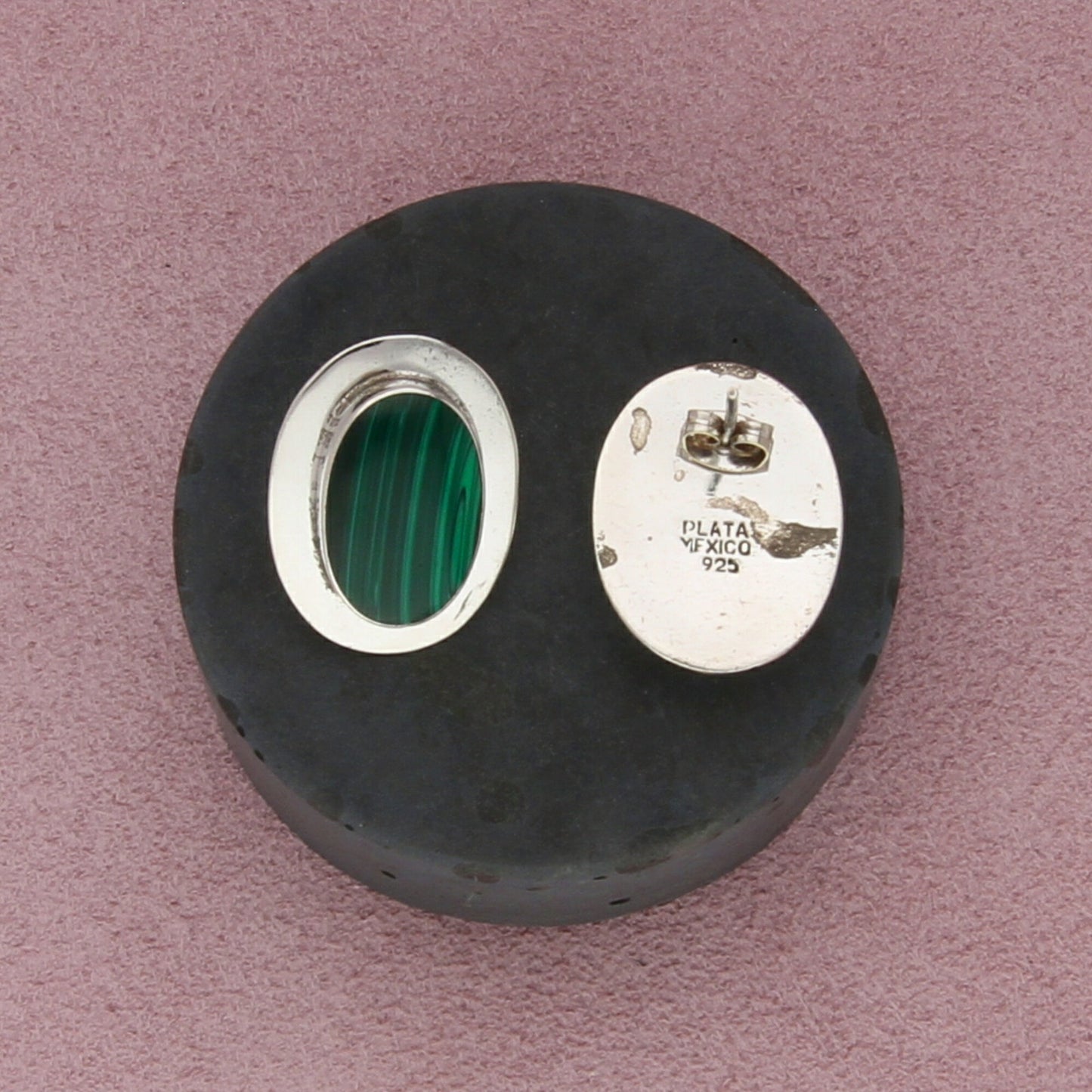 mexico sterling silver vintage malachite cabochon post earrings