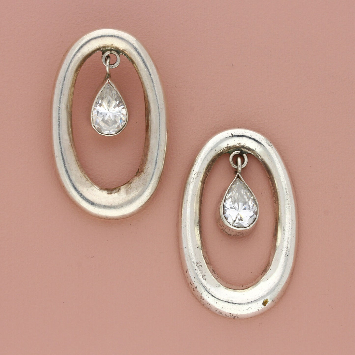 taxco mexico sterling silver vintage pear-cut cz oval post (as-is) earrings