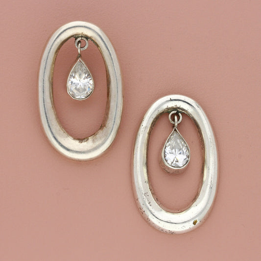 taxco mexico sterling silver vintage pear-cut cz oval post (as-is) earrings