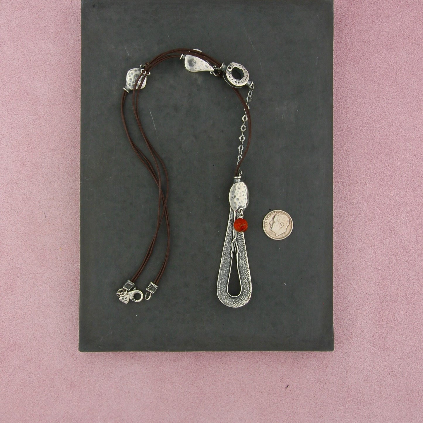 silpada sterling silver coral tear drop leather n1950 necklace size 22in