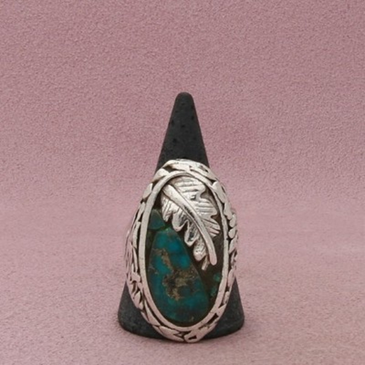 Navajo Sterling Silver Men's Vintage Turquoise Oval Feather Ring Size 12.25