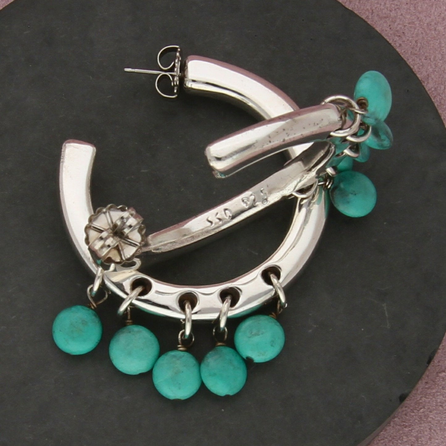 sterling silver electroform turquoise bead dangle hoop earrings