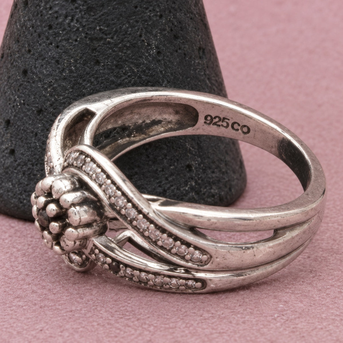 Zales Sterling Silver Black & Clear Diamond Bypass Cluster Ring Size 7
