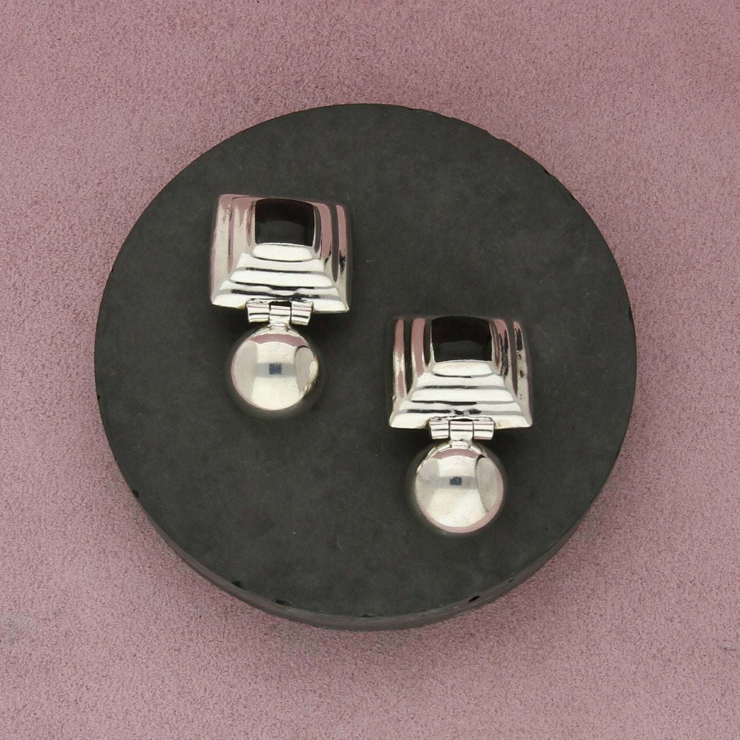 mexico sterling silver vintage black onyx square dome clip-on earrings
