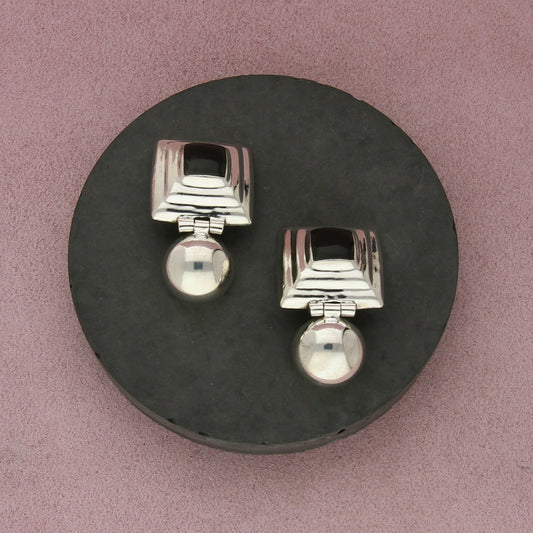 mexico sterling silver vintage black onyx square dome clip-on earrings
