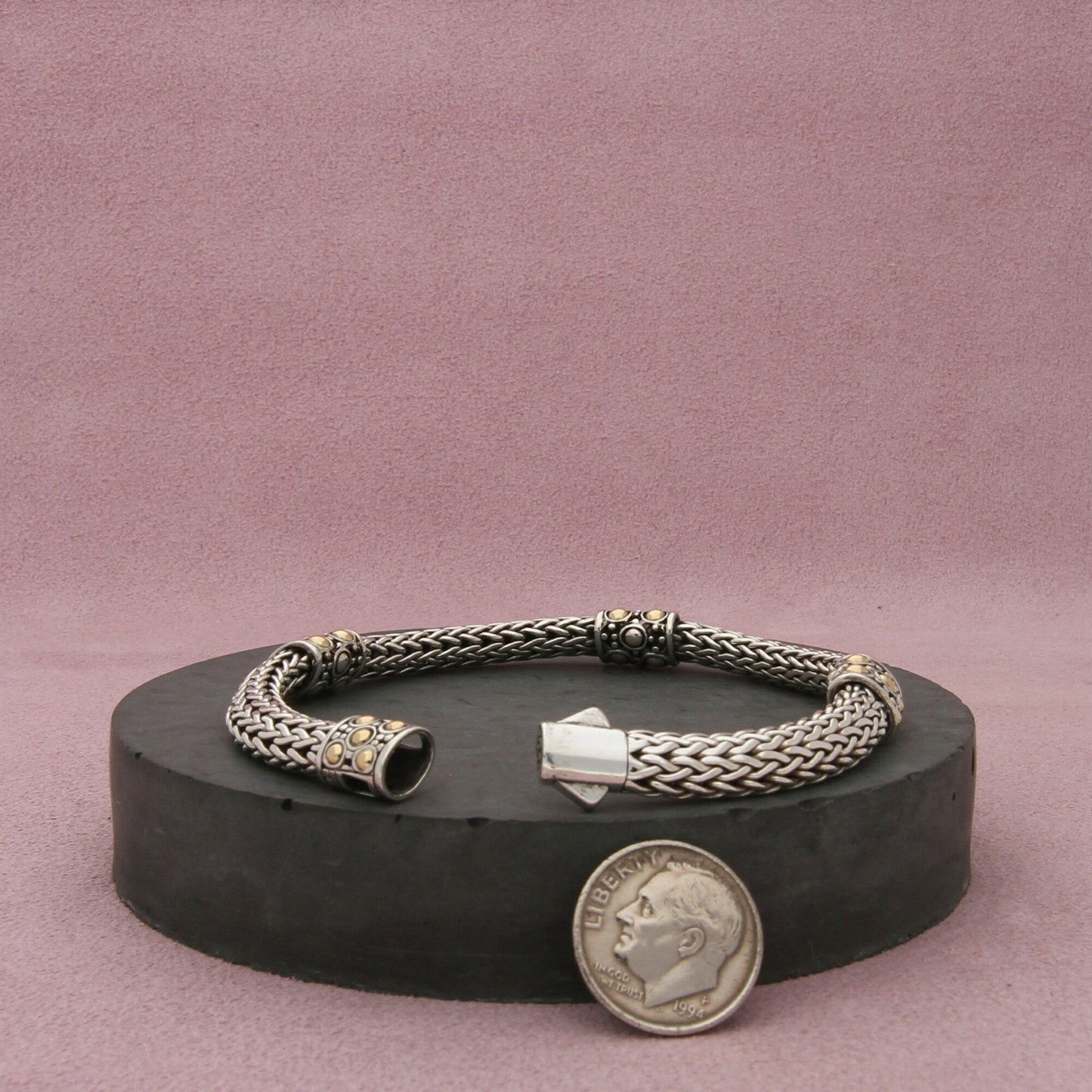 john hardy sterling silver & 18k gold dot four station bracelet 6.75in (med)