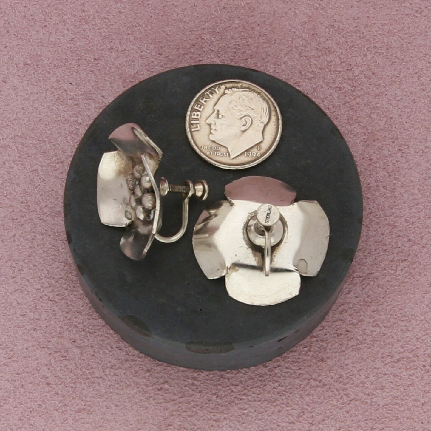 sterling silver vintage pansy flower screw-back earrings