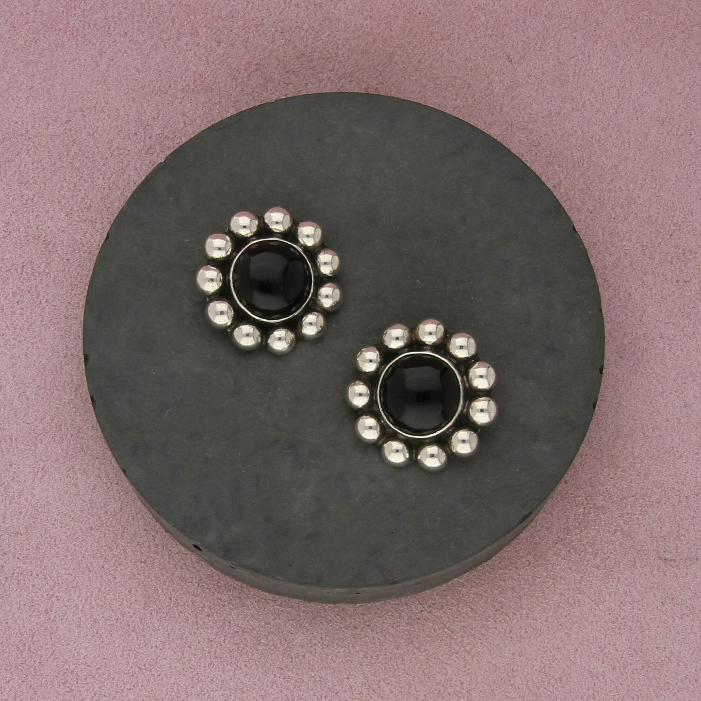 taxco mexico sterling silver vintage beaded black onyx clip-on earrings