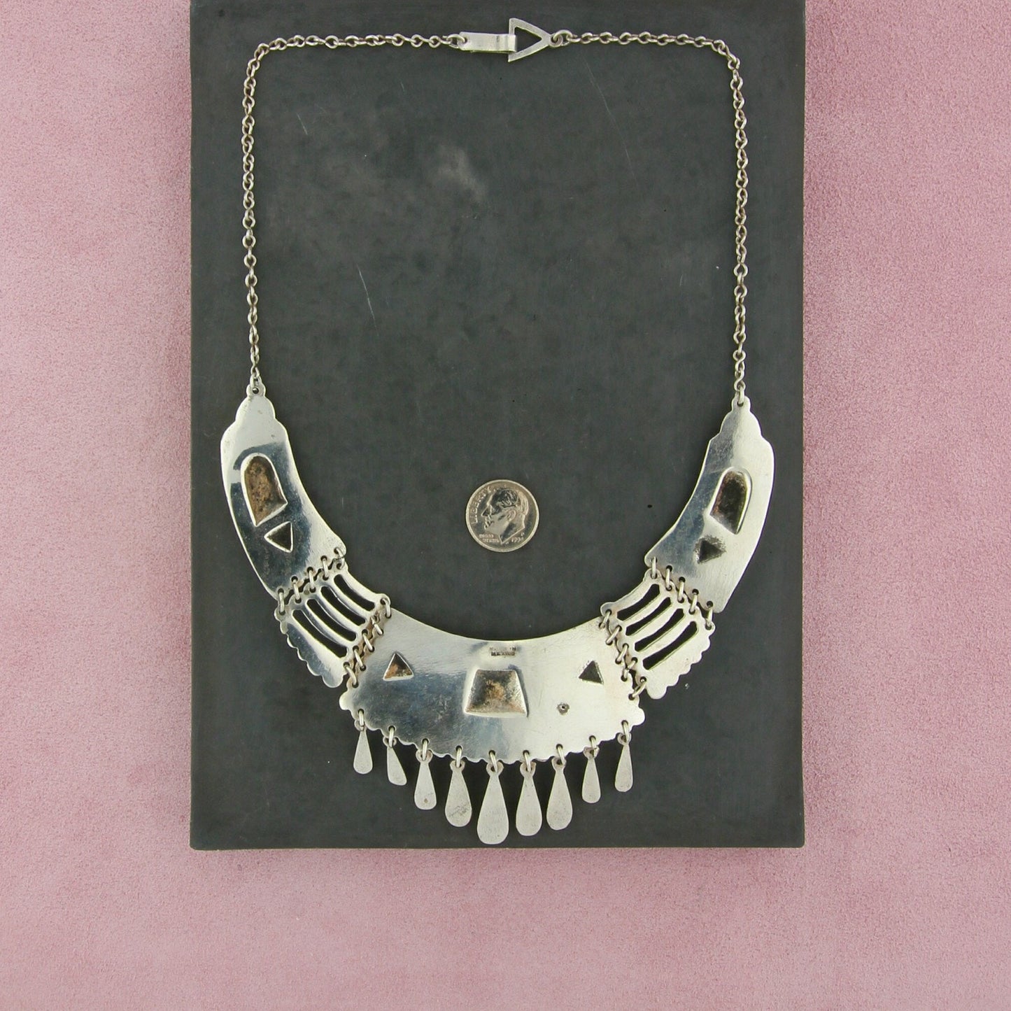 mexico sterling silver vintage filigree scroll fringe bib necklace size 18in