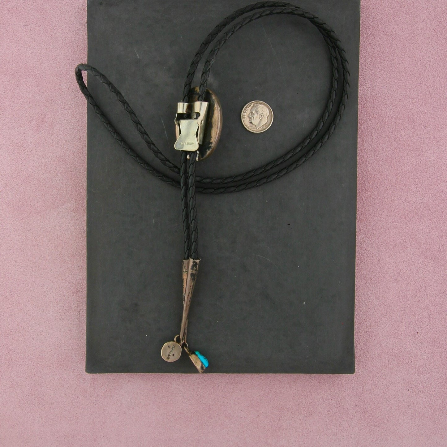 navajo sterling silver vintage signed turquoise buffalo skull leather bolo tie