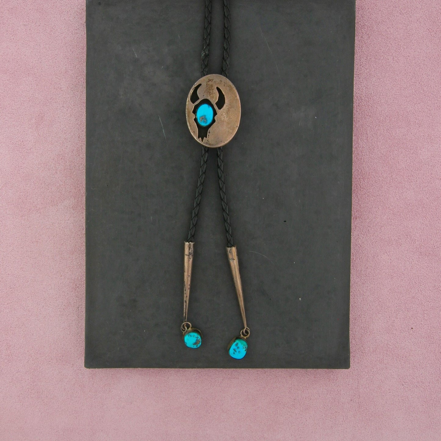 navajo sterling silver vintage signed turquoise buffalo skull leather bolo tie