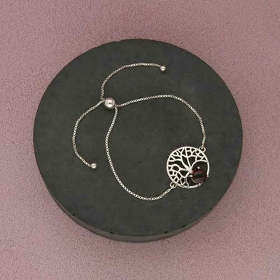 Sterling Silver Red Garnet Tree Of Life Bolo Box Chain Bracelet Size Adjustable
