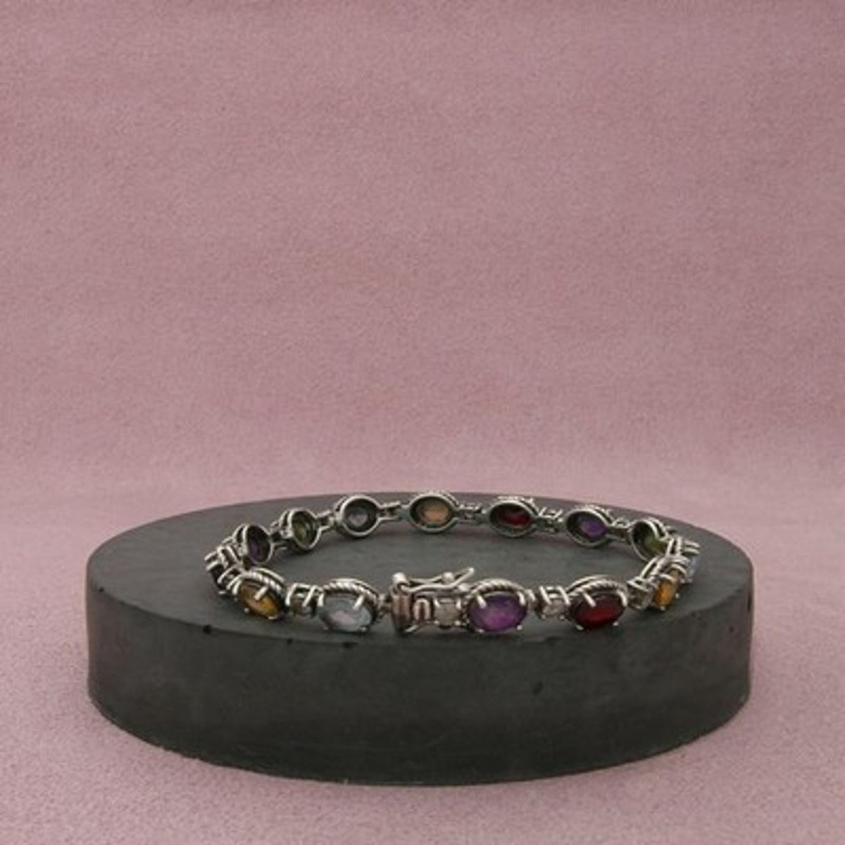 Sterling Silver Blue Topaz & Citrine Garnet Amethyst Tennis Bracelet Size 7in