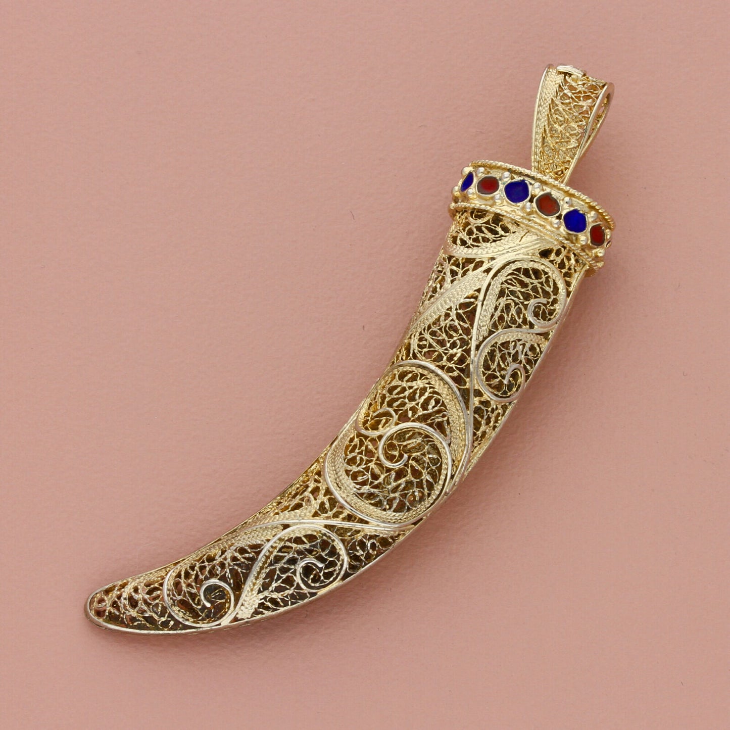 van lou sterling silver vintage gilded enamel filigree scroll horn pendant