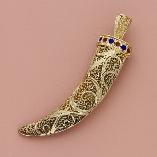 van lou sterling silver vintage gilded enamel filigree scroll horn pendant