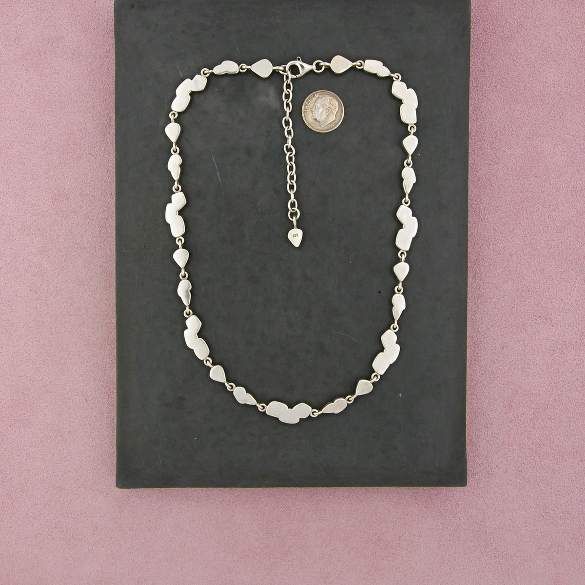 Sterling Silver Onyx Coral & Unakite Bezel Link Necklace Size 16.5-19in