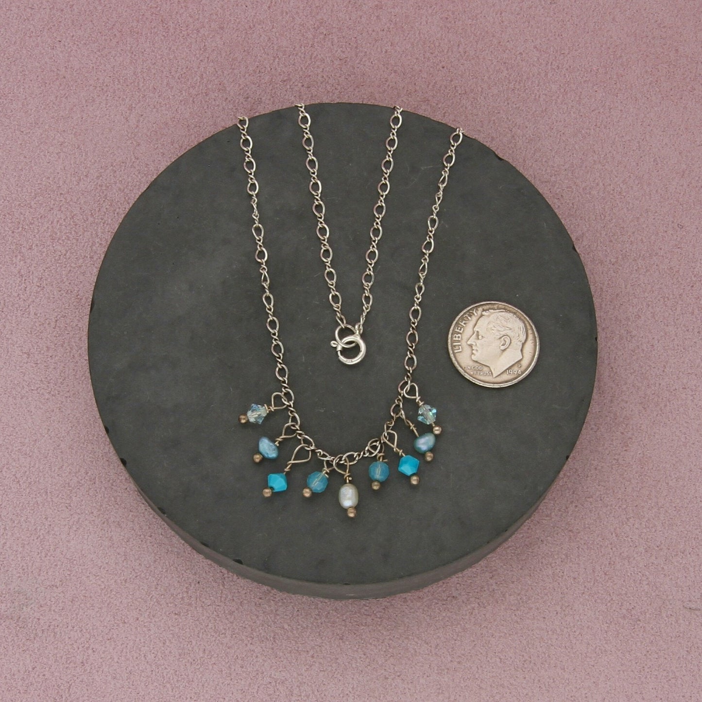 sterling silver dainty pearl & blue bead necklace size 16in