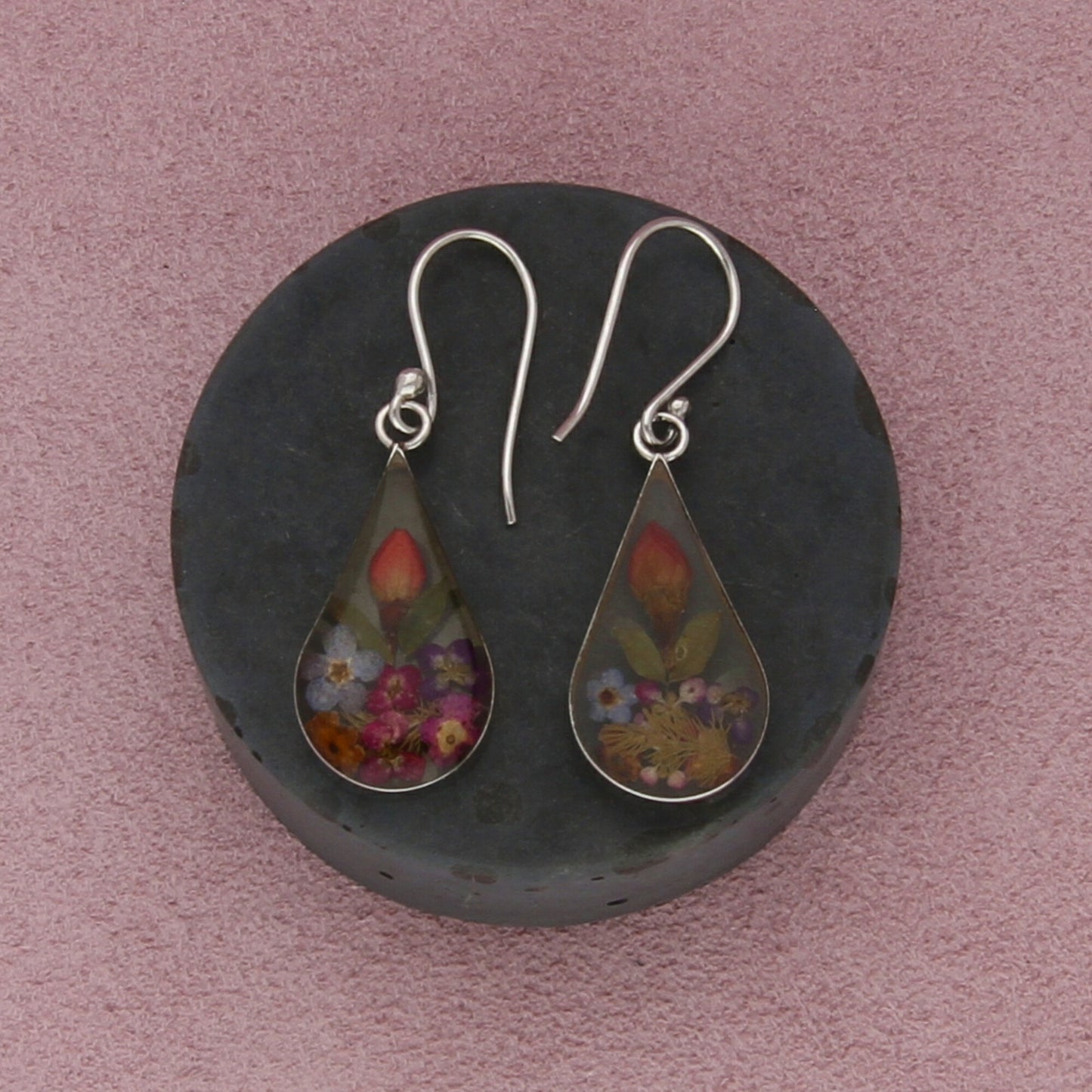sterling silver pressed flowers tear drop dangle earrings