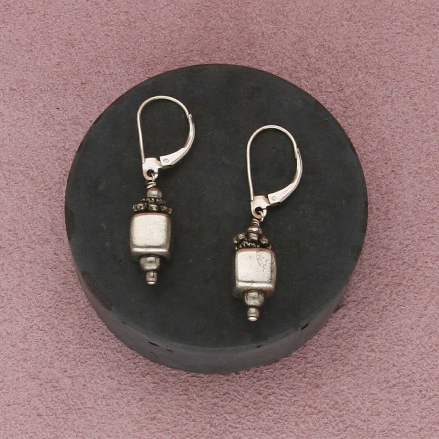 sterling silver vintage beaded block dangle earrings