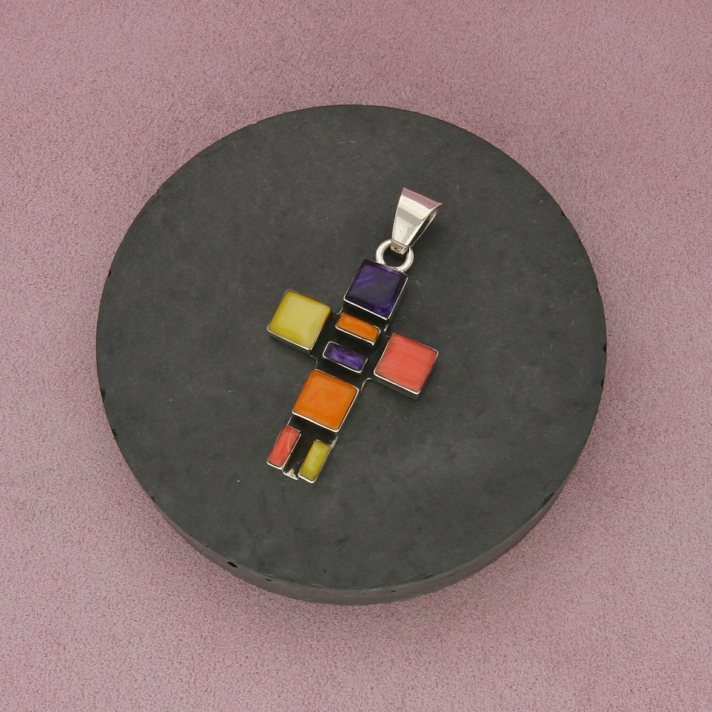 mexico sterling silver charoite mop & spiny oyster pendant