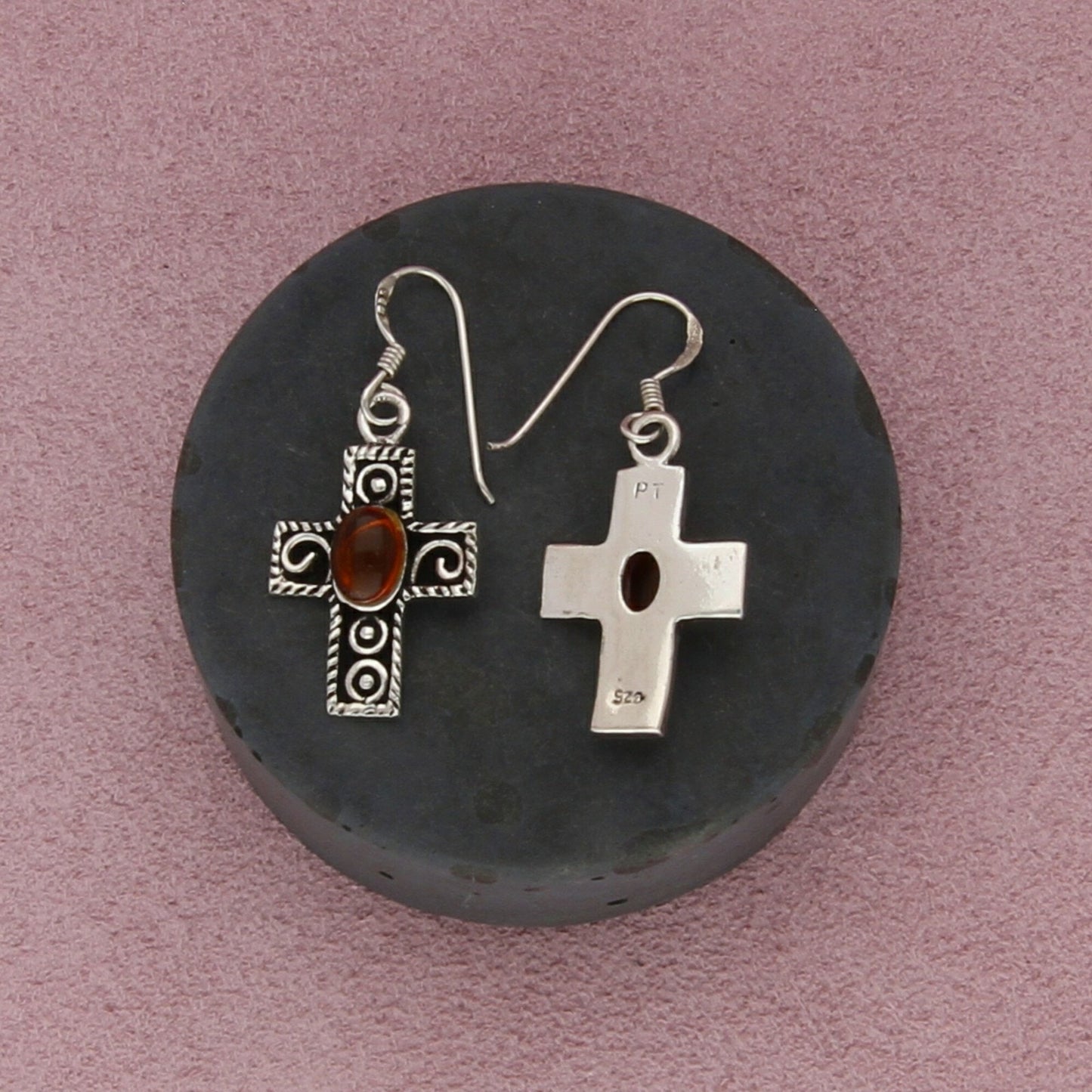 sterling silver amber cross dangle earrings