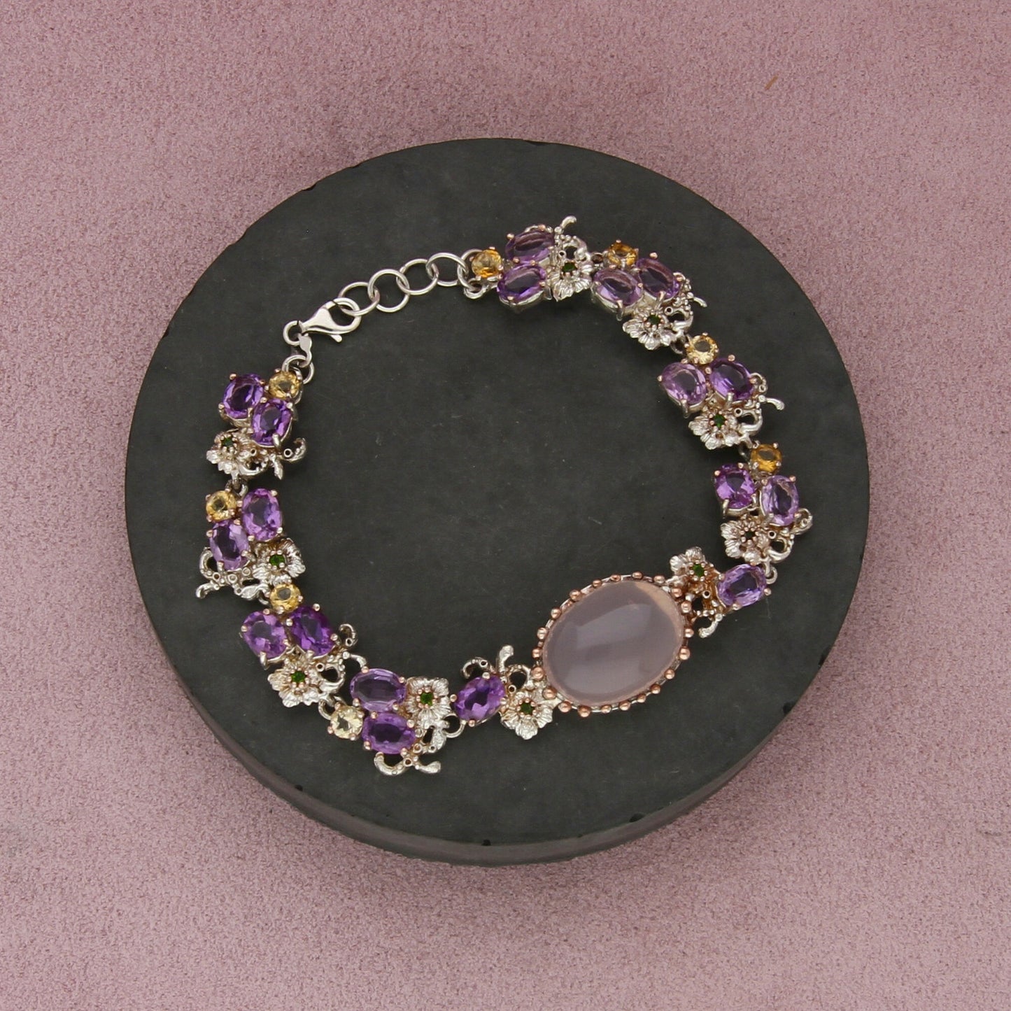sterling silver floral rose quartz amethyst citrine peridot bracelet size 8in