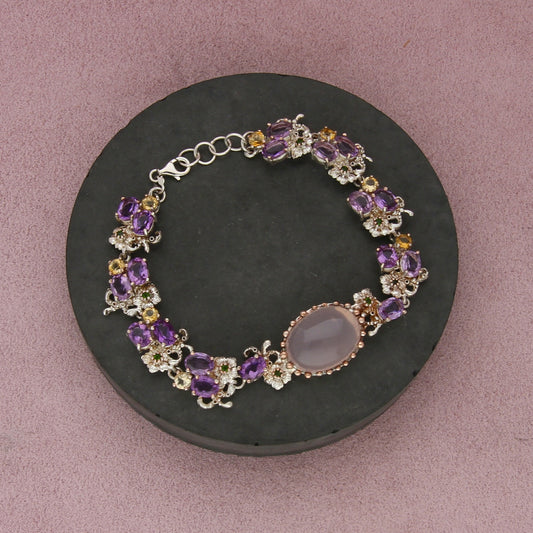 sterling silver floral rose quartz amethyst citrine peridot bracelet size 8in