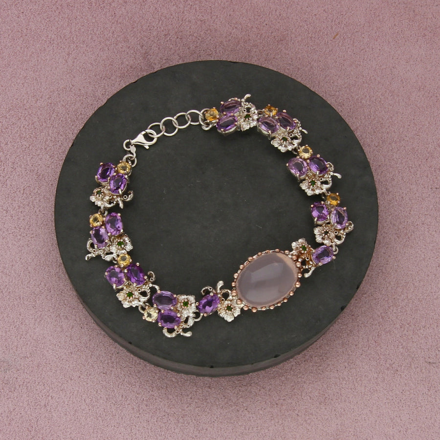 sterling silver floral rose quartz amethyst citrine peridot bracelet size 8in