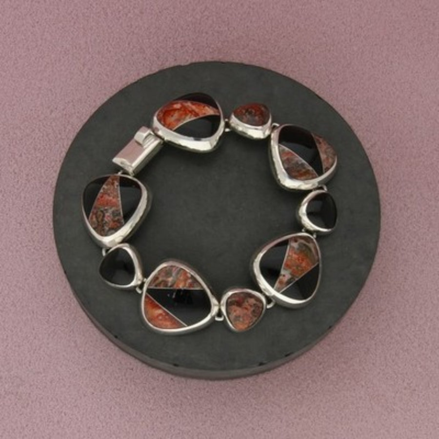 Mexico Sterling Silver Vintage Onyx & Jasper Inlay Panel Bracelet Size 7.25in