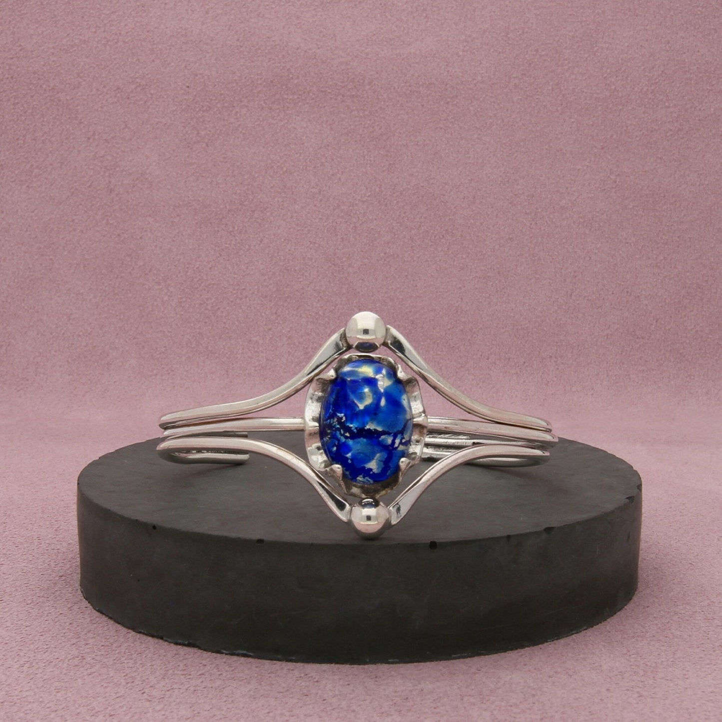 sterling silver vintage blue dichroic glass cuff bracelet size 6.75in