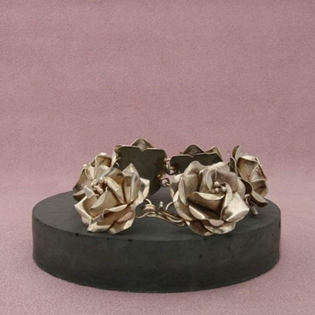 Taxco Mexico Sterling Silver Vintage Sculptural Flower Link Bracelet Size 7in