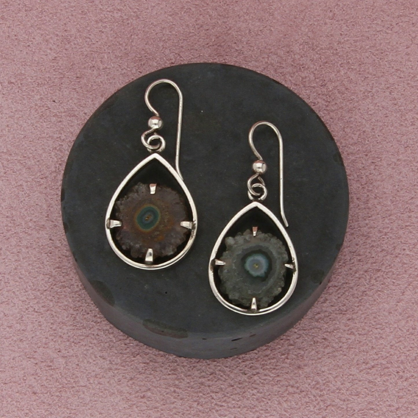 sterling silver vintage artisan-crafted geode slice crystal dangle earrings