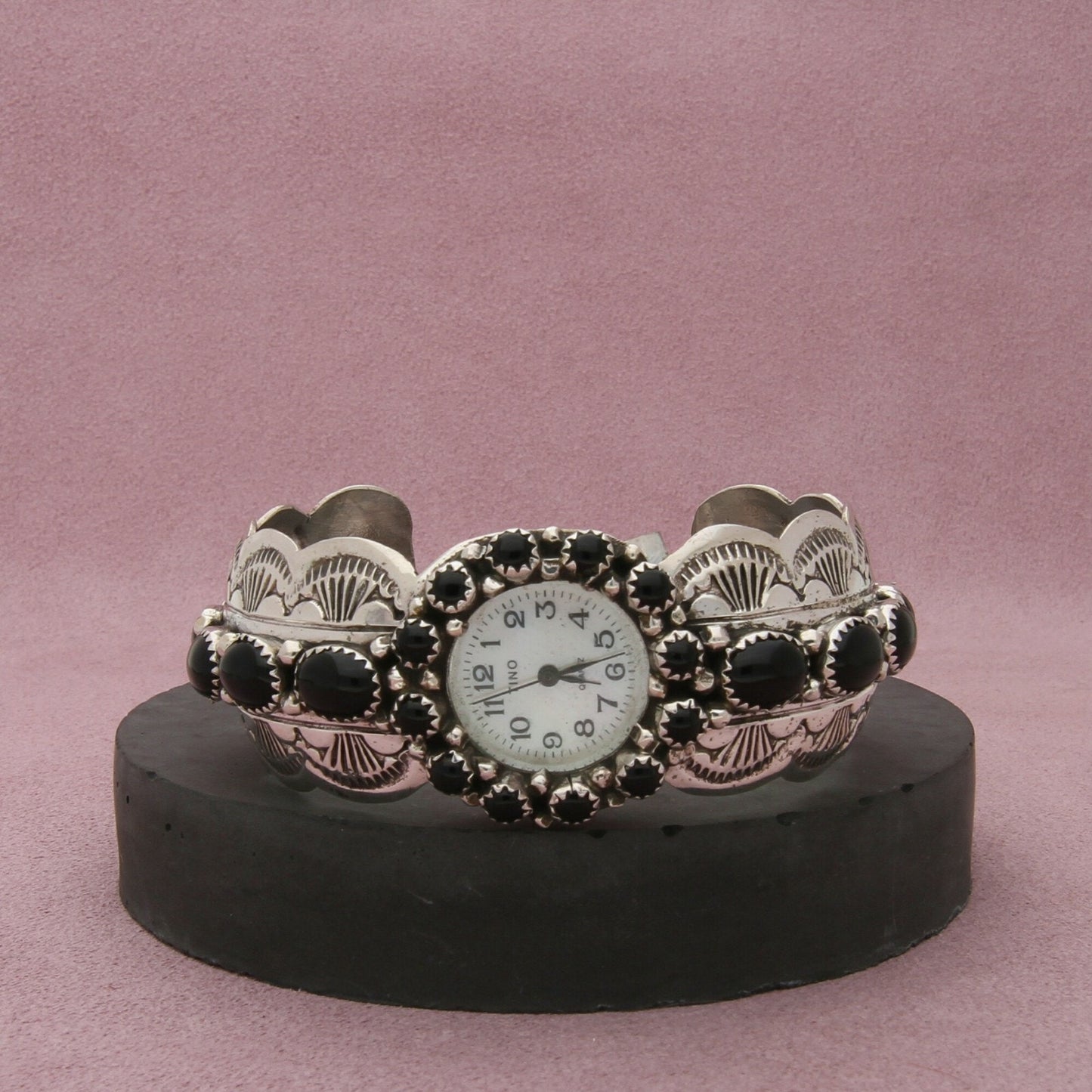 navajo sterling silver vtg wilbert benally onyx watch cuff bracelet size 6.75in