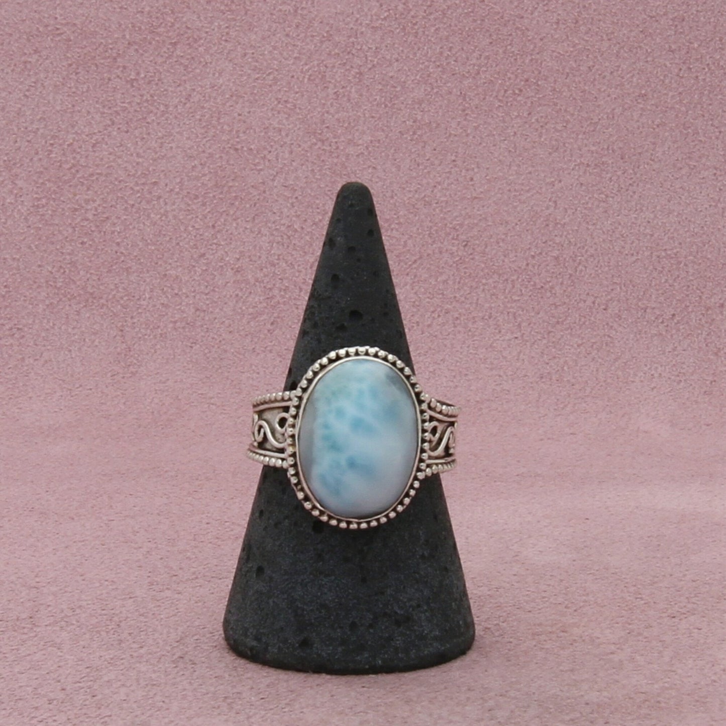 sterling silver beaded scroll blue larimar cabochon ring size 8.75