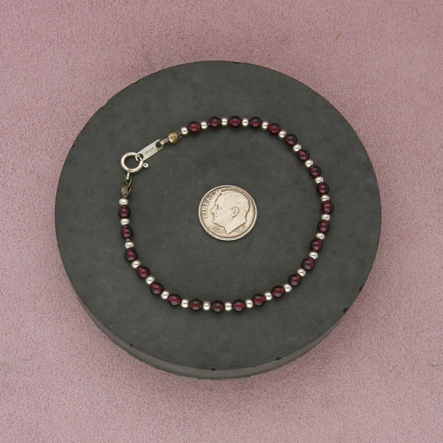sterling silver 4mm rhodolite bead bracelet size 7.25in