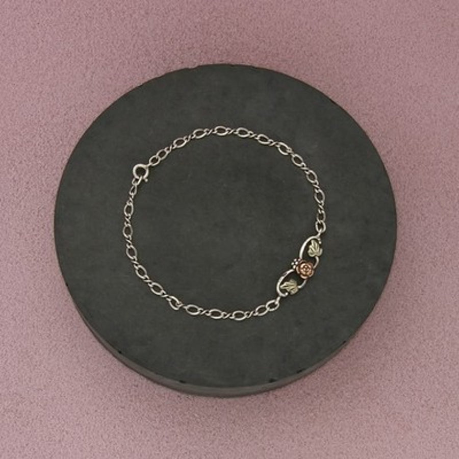 Black Hills Sterling Silver & 10K Gold Rose & Leaves Chain Bracelet Size 6.75in