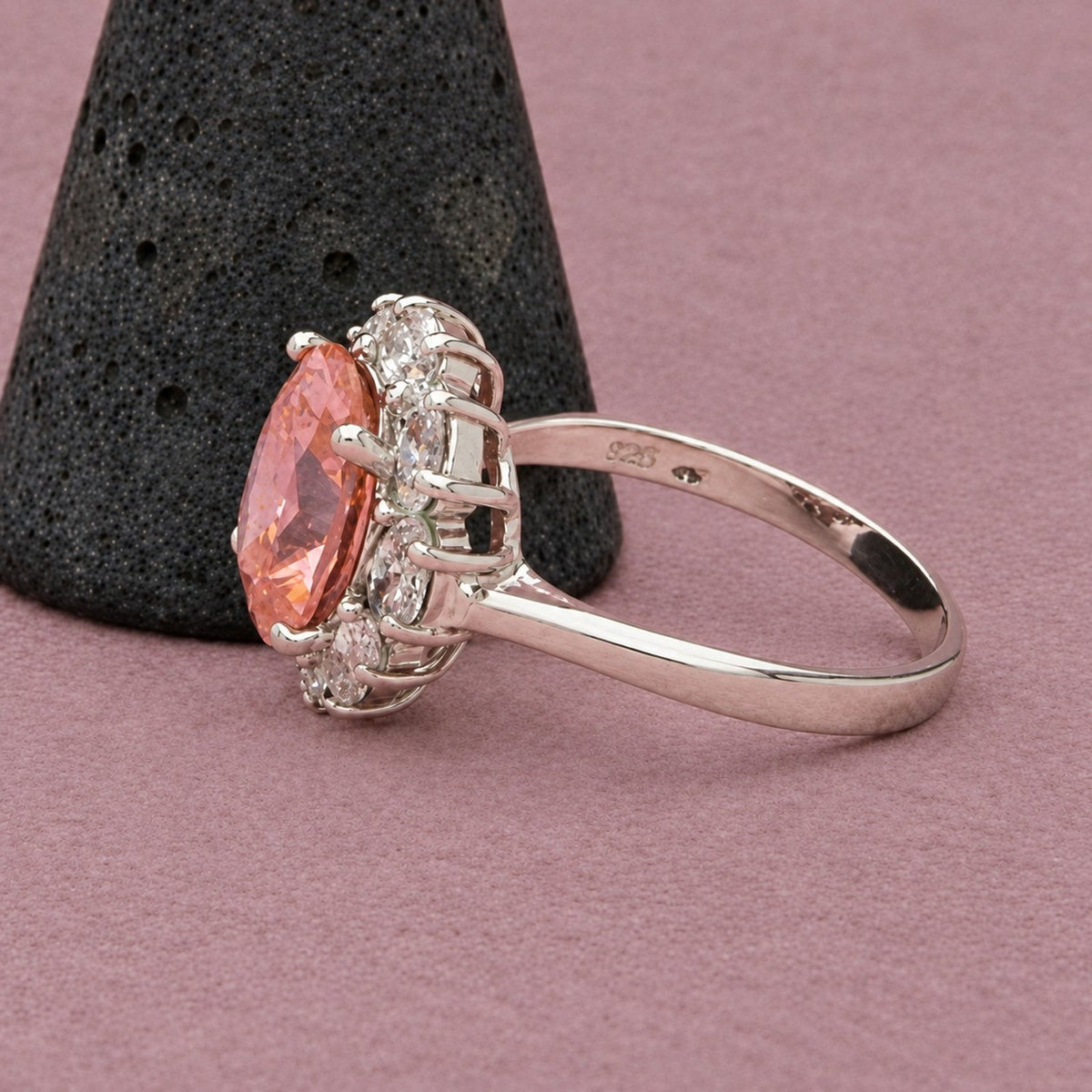 Sterling Silver Pink & Clear Cz Halo Oval-Cut Prong-Set Ring Size 10