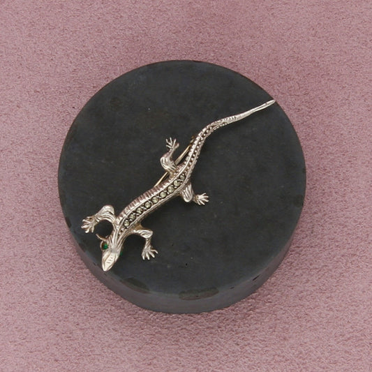 sterling silver vintage marcasite green eyed lizard pin brooch