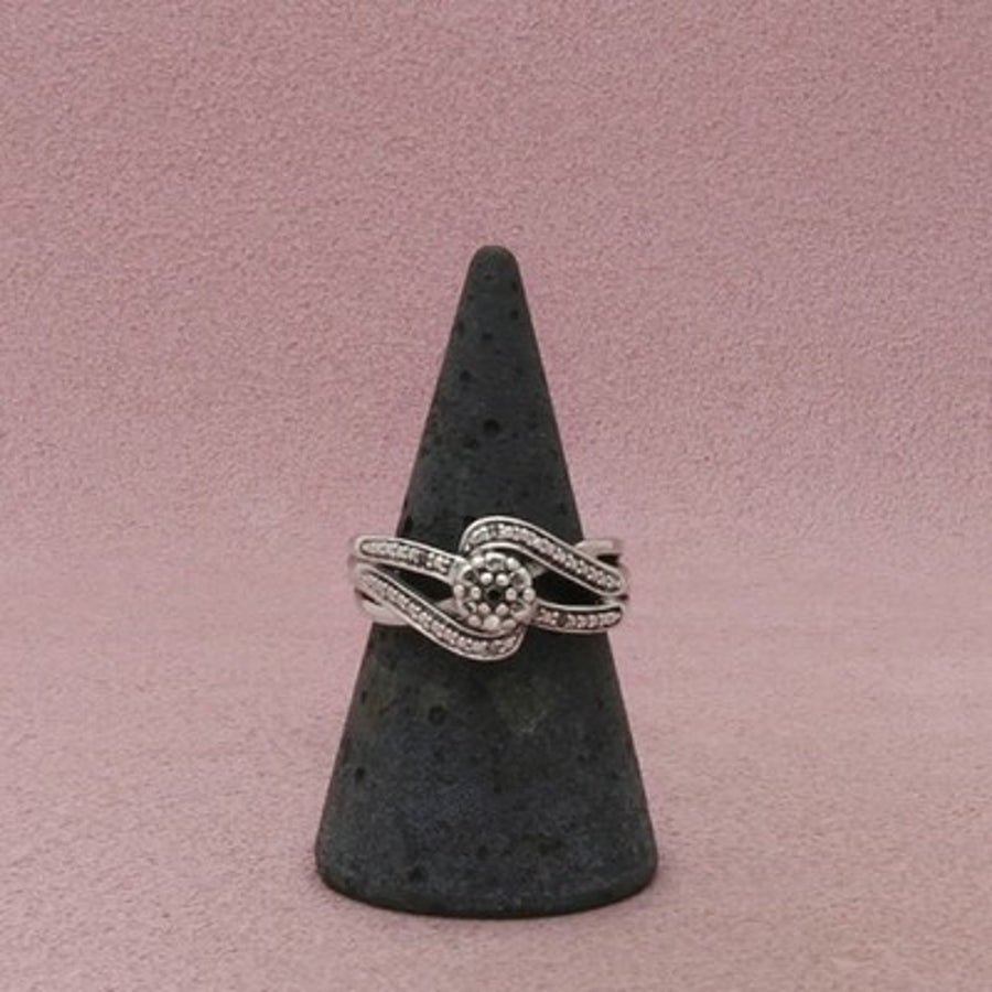 Zales Sterling Silver Black & Clear Diamond Bypass Cluster Ring Size 7