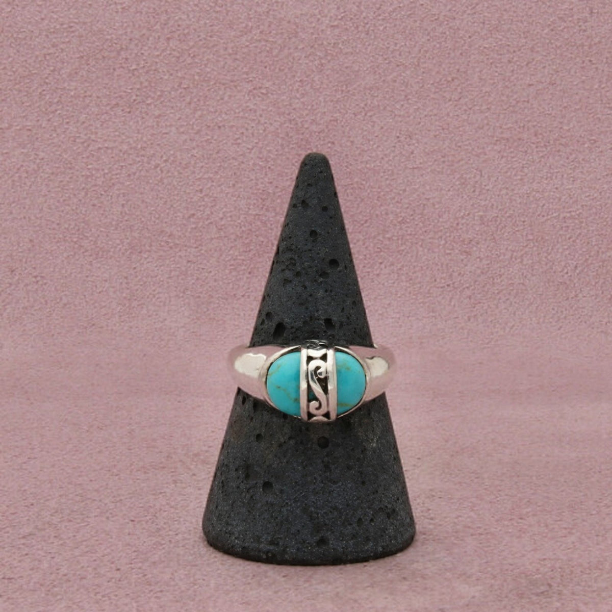 Sterling Silver Southwestern Turquoise Scroll Oval Inlay Scroll Accent Ring 8