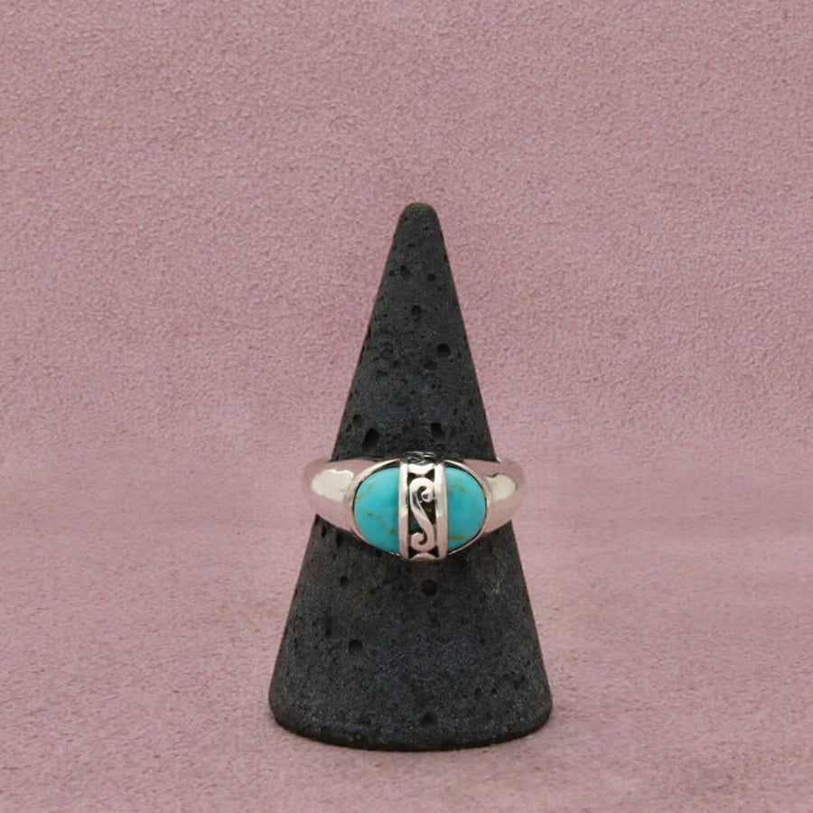 Sterling Silver Southwestern Turquoise Scroll Oval Inlay Scroll Accent Ring 8