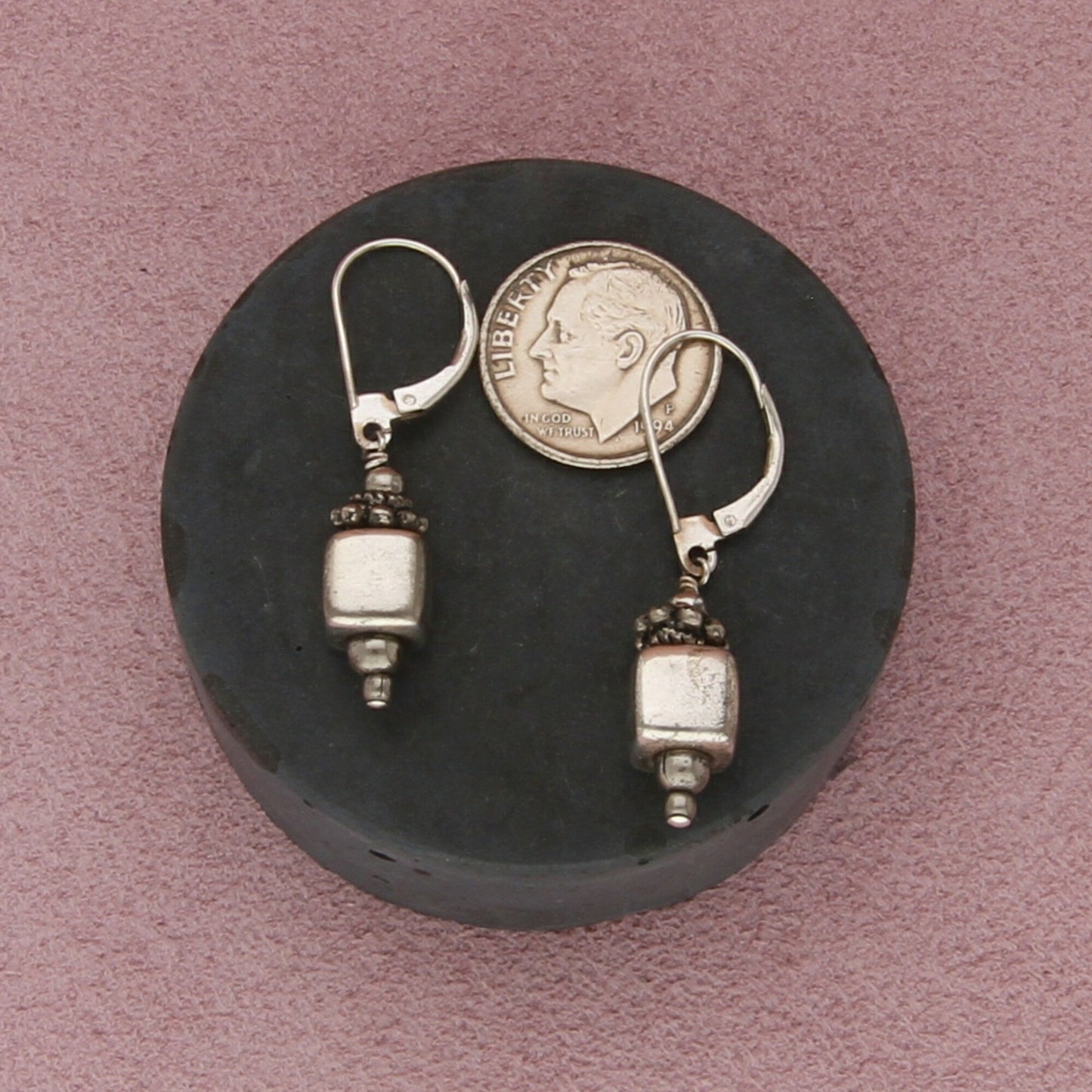 sterling silver vintage beaded block dangle earrings