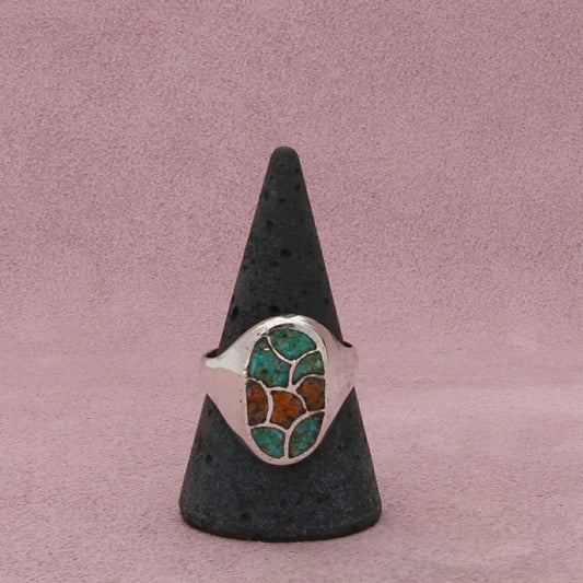 navajo sterling silver vintage crushed turquoise & coral signet ring size 9