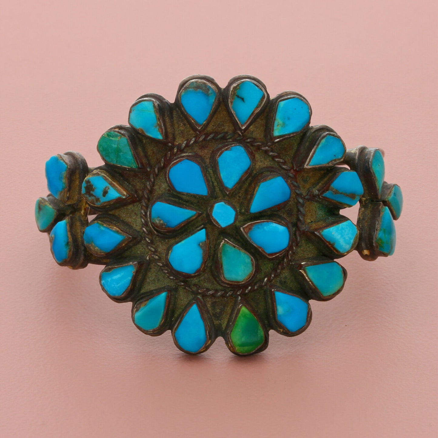 zuni sterling silver vtg petit point turquoise flower cuff bracelet size 5.75in