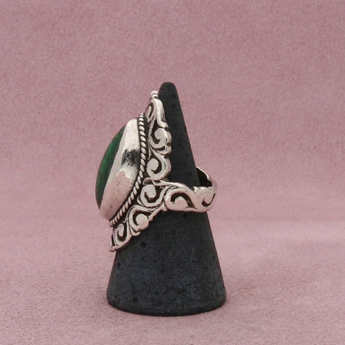 mexico sterling silver vintage elongated malachite scroll ring size 6