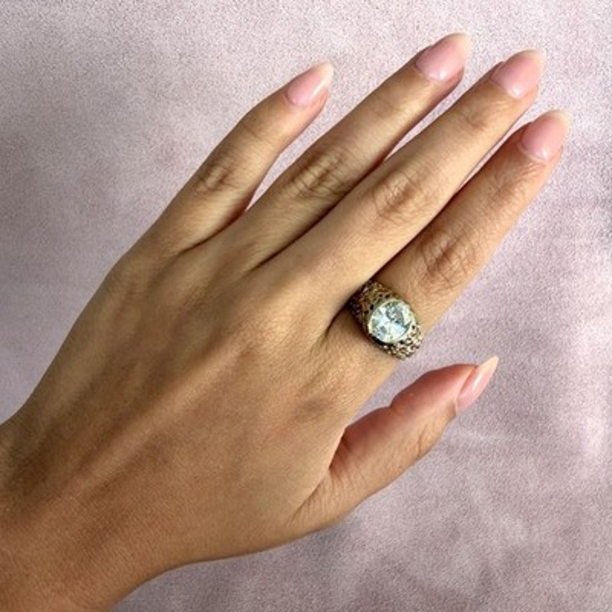 Sterling Silver Vintage Gold Tone Textured Cz Ring Size 8.75