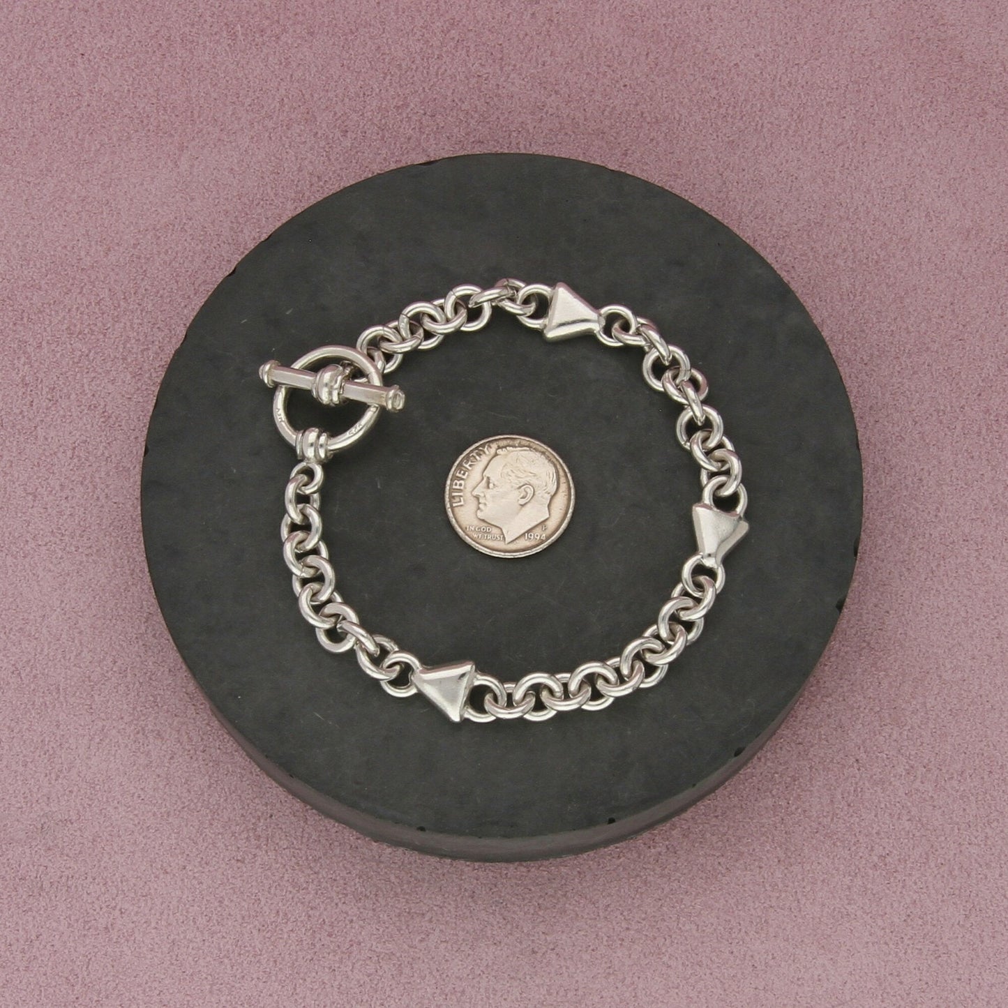 sterling silver triangle station cable chain toggle bracelet size 7.5in