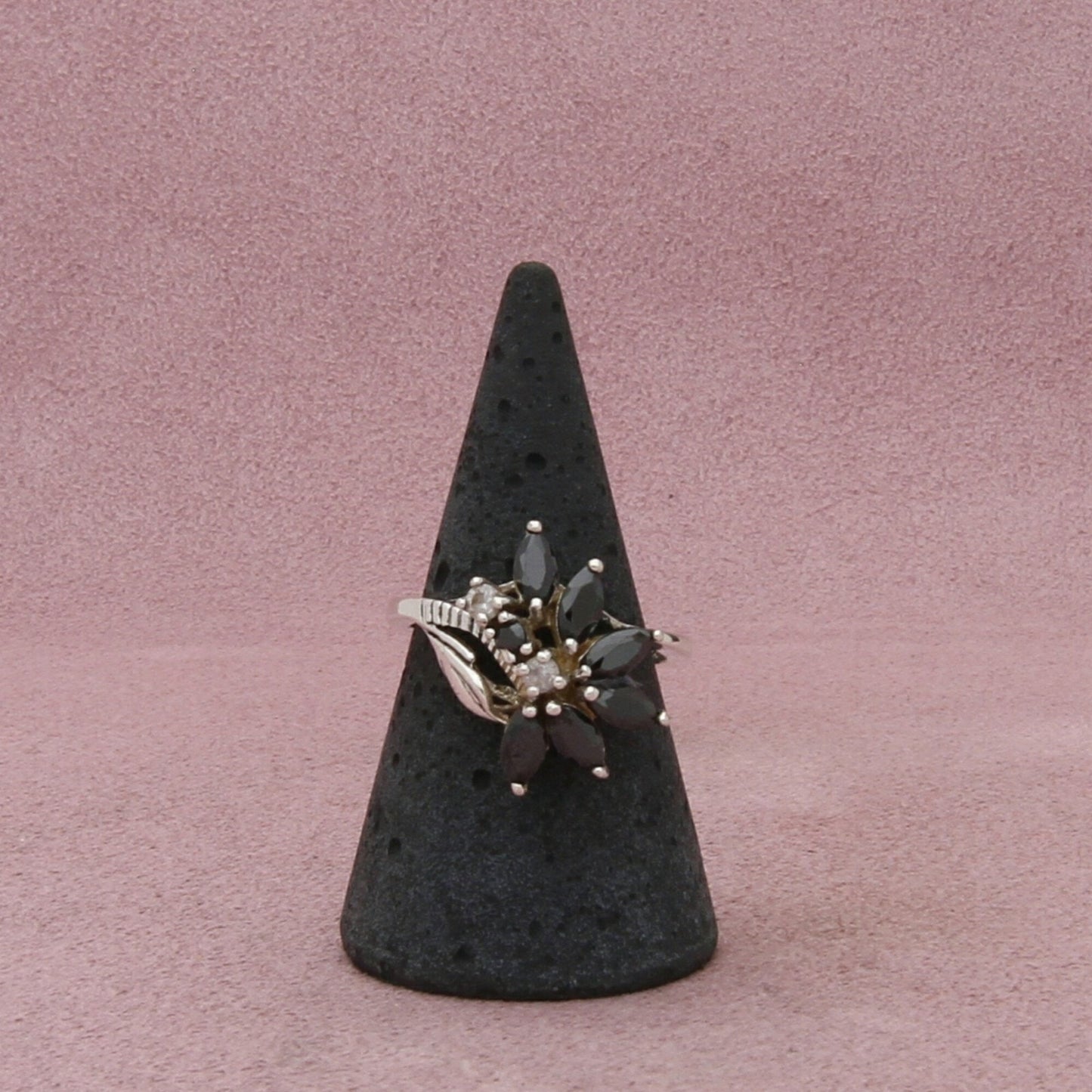 sterling silver marquise-cut black cz cluster ring size 7.75