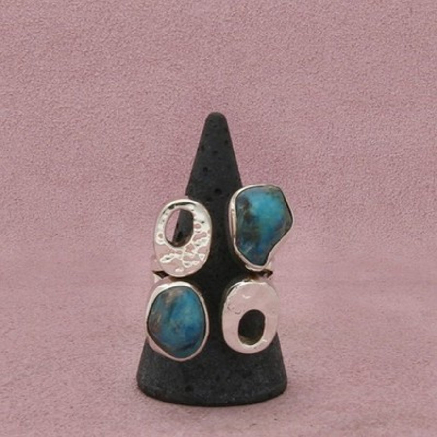 Sterling Silver Vintage Turquoise Artisan Made Hammered Openwork Ring Size 9.5