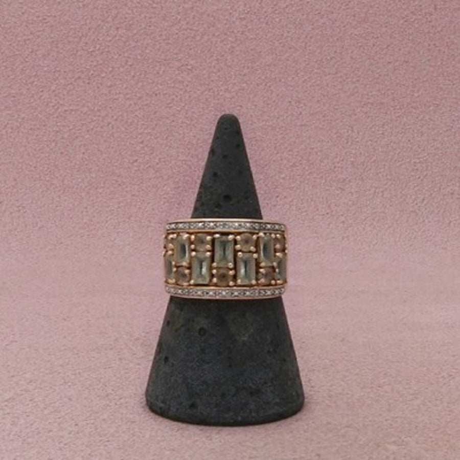 Michelle Albala Sterling Silver Gold Plate Aquamarine & Diamond Wide Ring Size 7